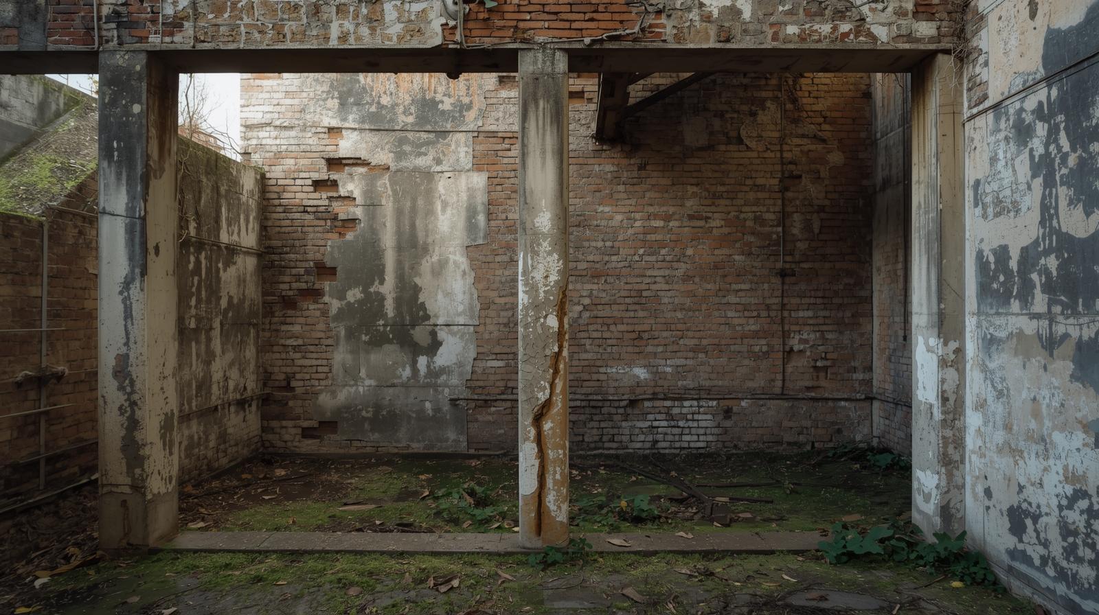 Bâtiment existant ancien ou industriel marqué par le temps, mettant en valeur la matière, la patine et le potentiel de réhabilitation.