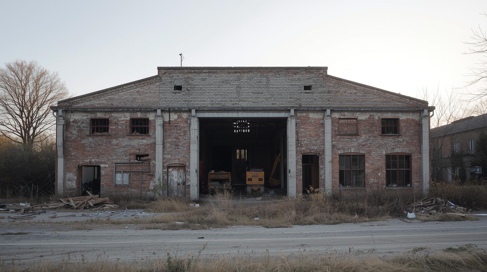 Bâtiment existant fatigué mais structurellement solide, suggérant un potentiel de transformation sans démolition.
