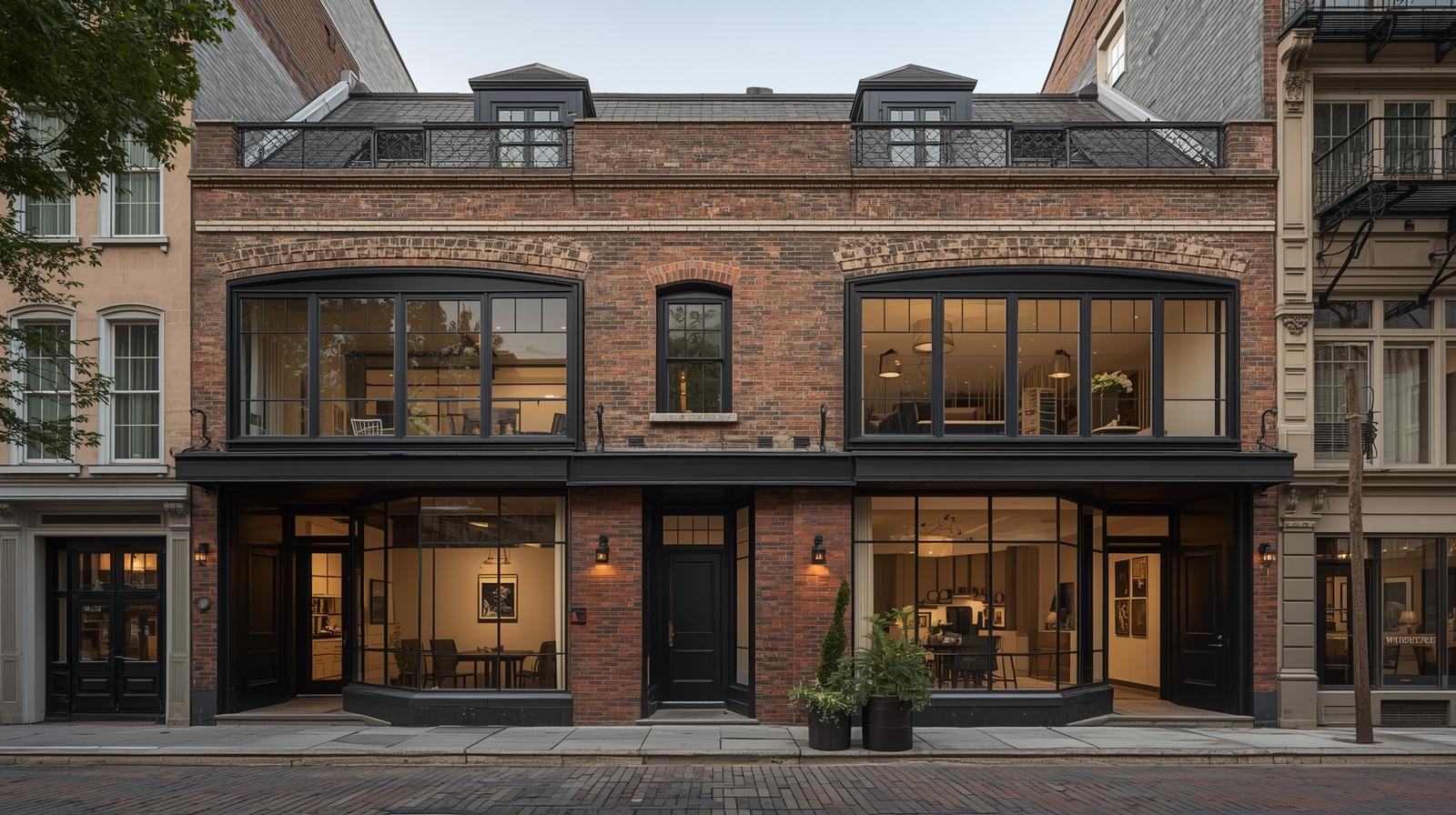 Bâtiment existant réhabilité avec conservation des volumes et réemploi de matériaux, illustrant une transformation durable.
