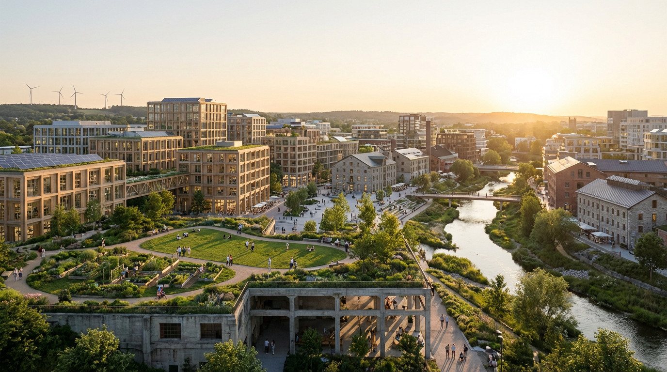 High-res image of a sustainable city at golden hour. Modern green buildings, repurposed structures, lush parks, and people by a river.