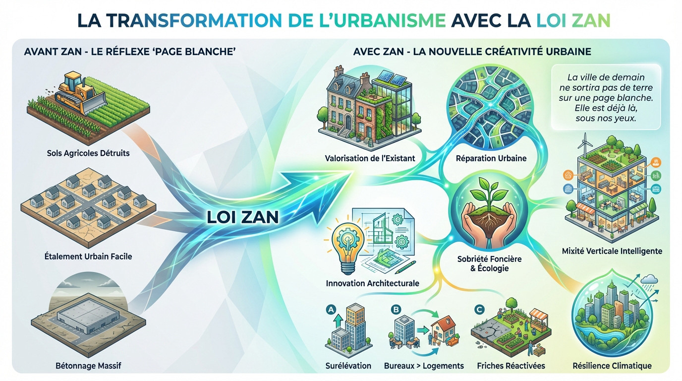 Vue d'une ville européenne dense avec des immeubles anciens réhabilités et de la végétation intégrée