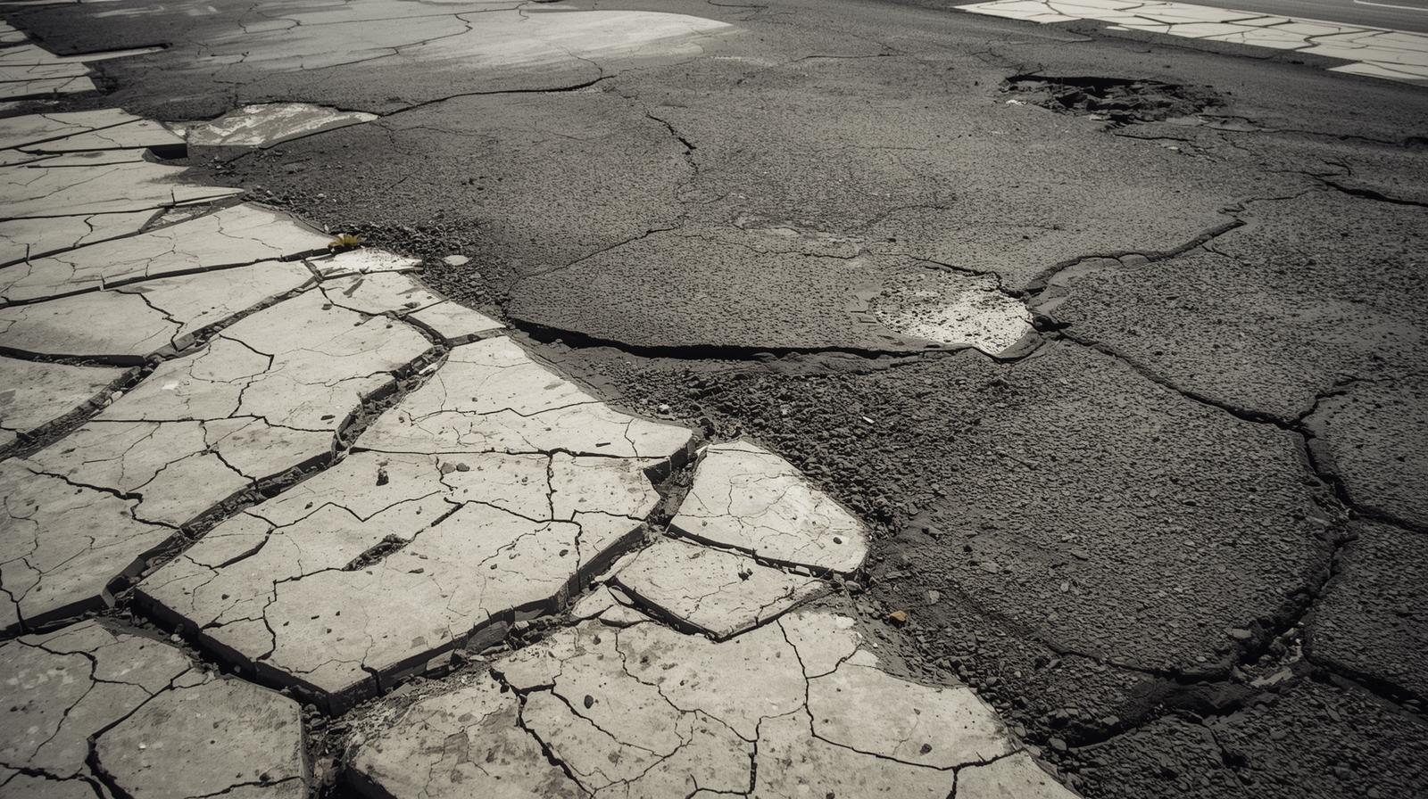 Sol urbain artificialisé en bitume et béton, illustrant l’épuisement des sols et les limites de l’imperméabilisation.
