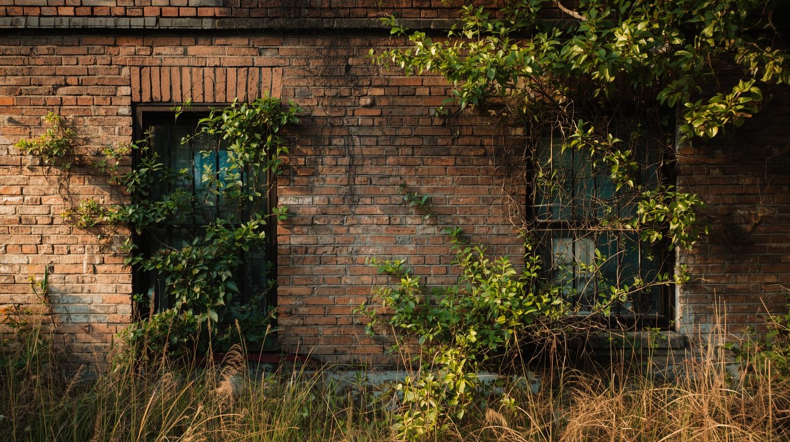 Mur ancien partiellement végétalisé, montrant la rencontre entre la matière urbaine et le vivant, symbole de résilience.
