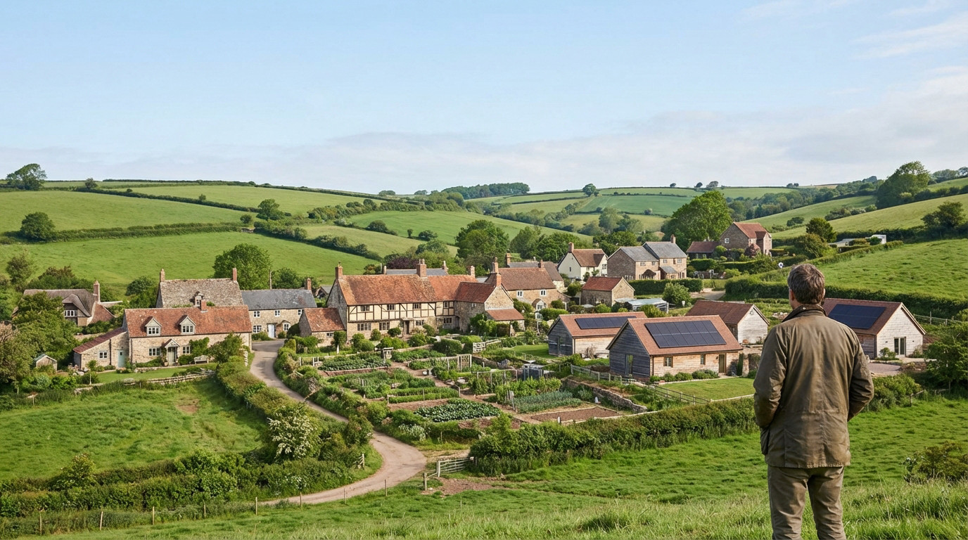 Man observes a sustainable rural village with traditional stone homes, modern solar panels, and community gardens amidst green hills.