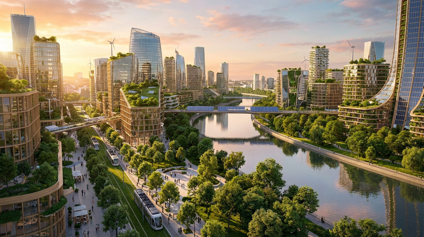 Panoramic sustainable city at golden hour with green buildings, a reflective river, lush parks, and trams, symbolizing an eco-friendly future.