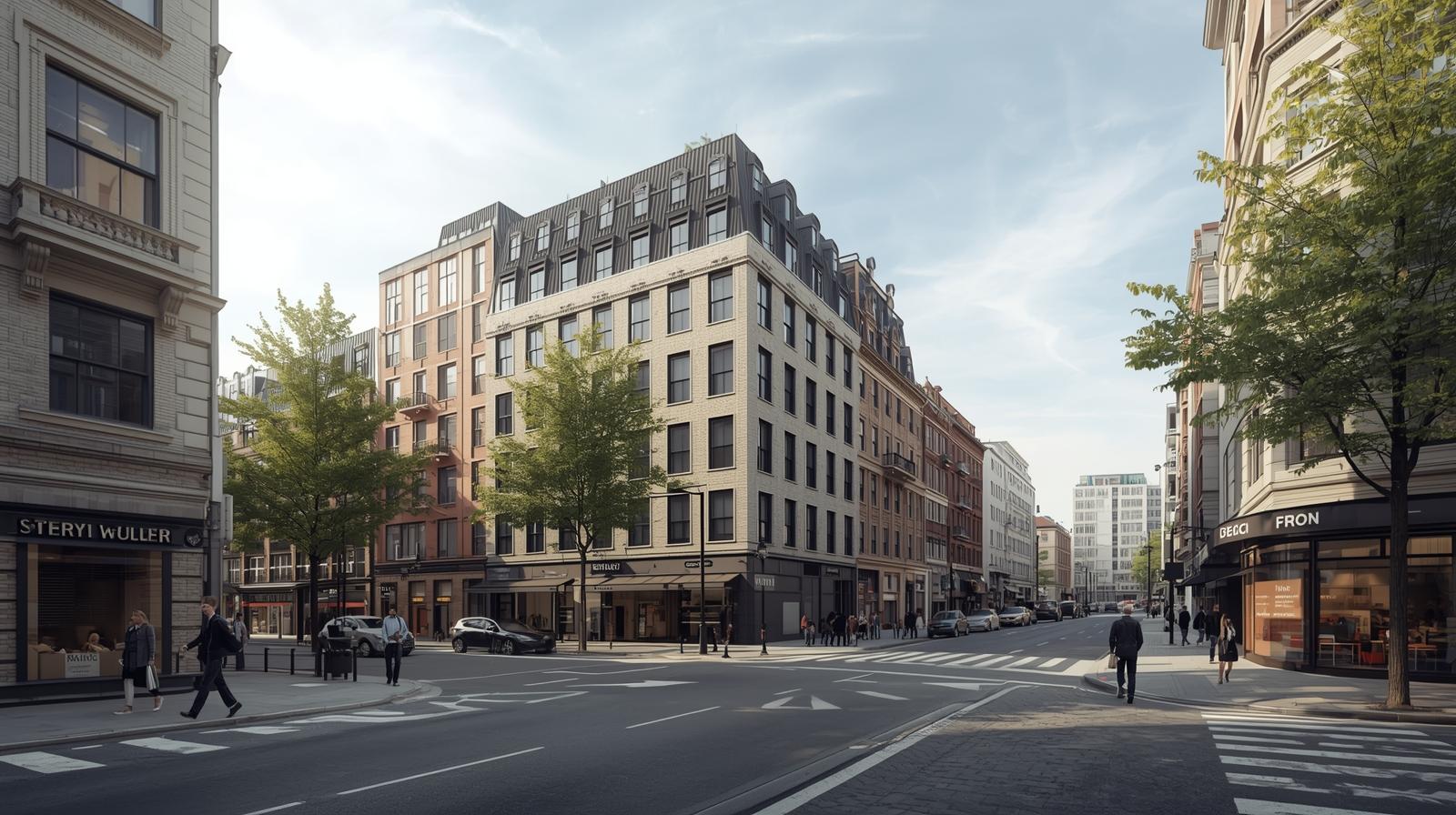 Quartier existant réhabilité avec espaces publics requalifiés, illustrant l’action territoriale et le renouvellement urbain.
