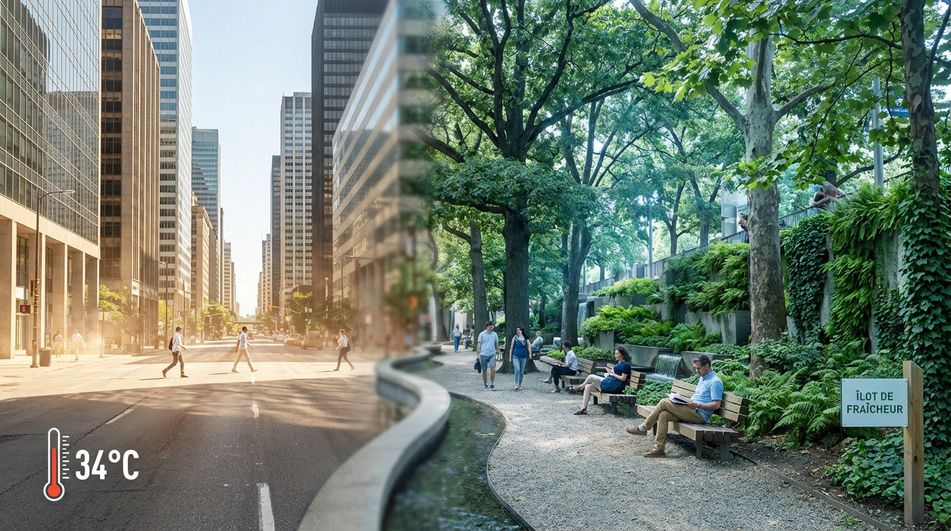 Split image: Hot city street (34°C) with concrete buildings contrasts a cool, green urban oasis with trees, plants, and relaxed people.