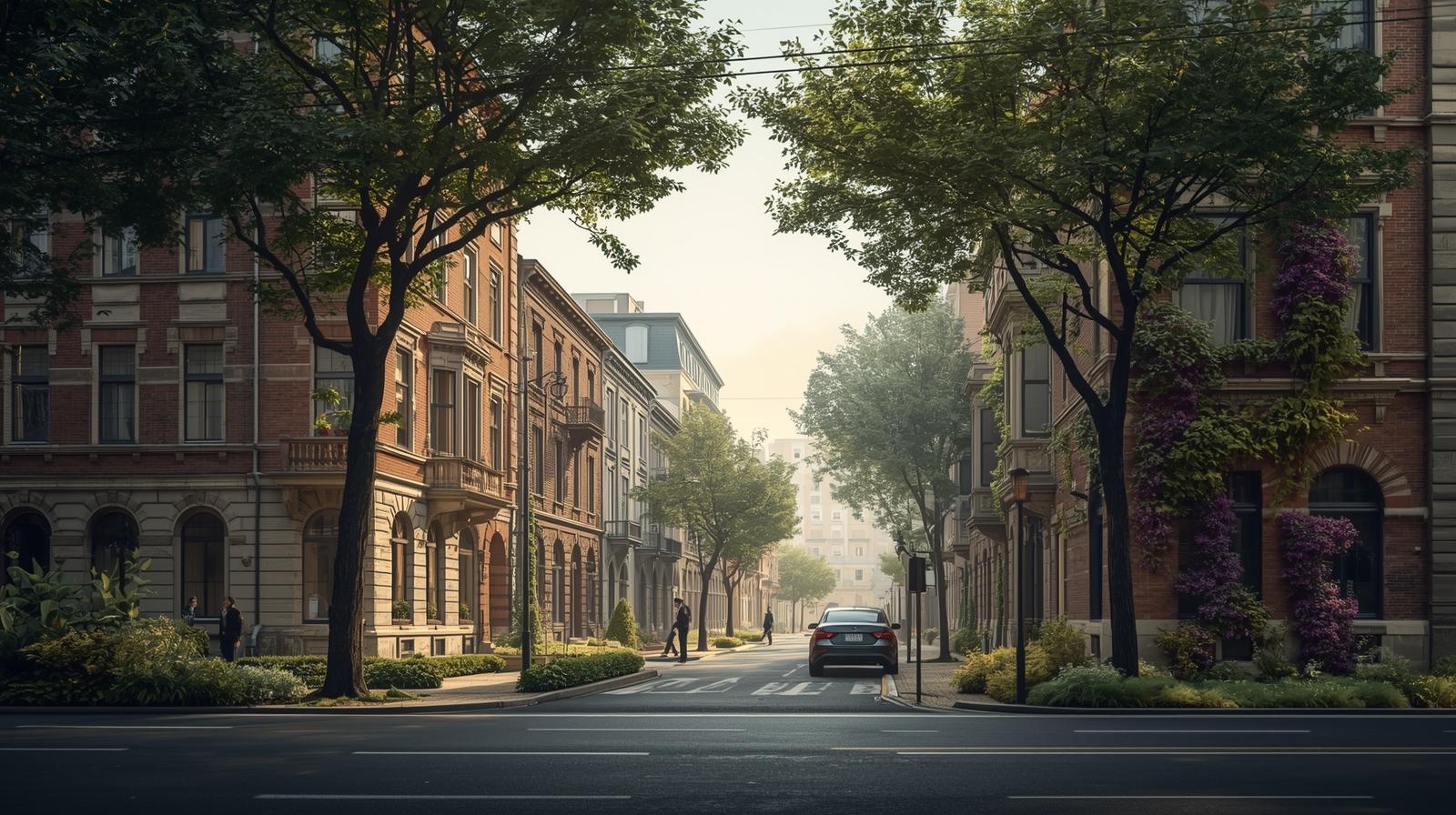 Ville existante en transformation avec immeubles rénovés et végétation intégrée, illustrant la réparation de la ville et la sobriété foncière.