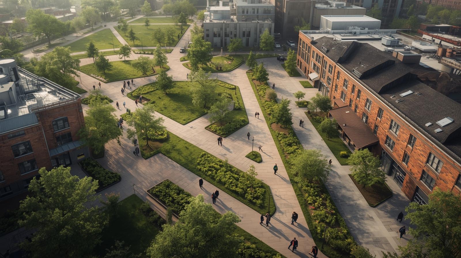 Friche urbaine réhabilitée avec espaces verts et bâtiments existants transformés, illustrant le recyclage foncier.
