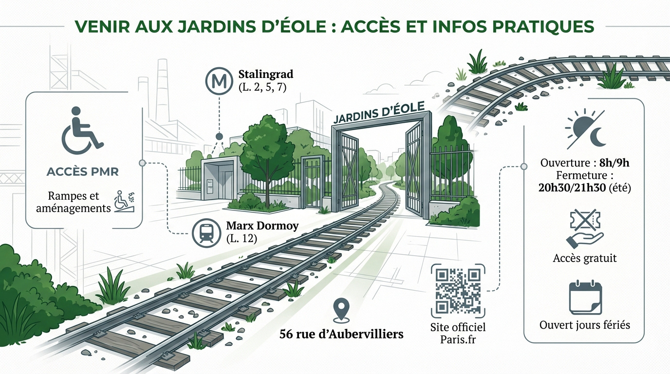 Entrée végétalisée et allées accessibles du Jardin d'Éole à Paris