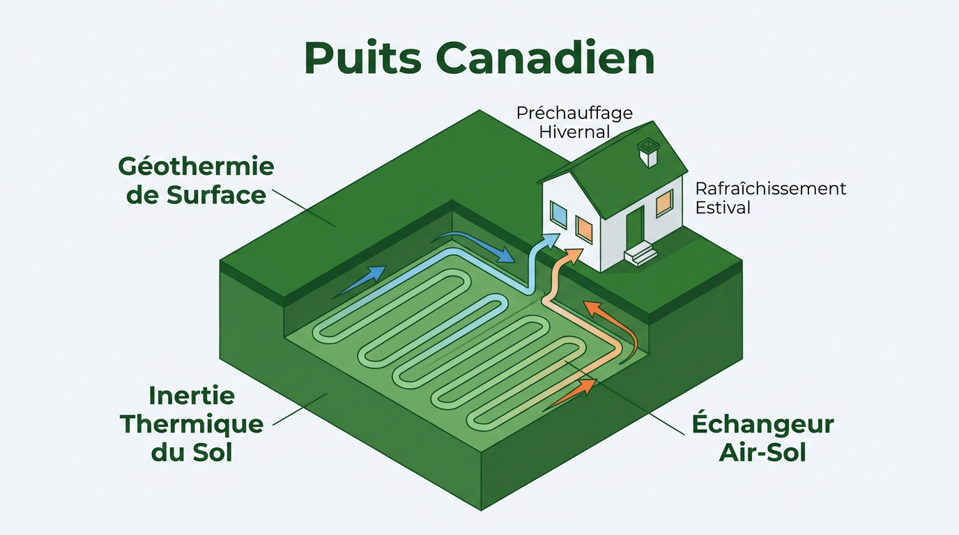 Infographie isométrique montrant le fonctionnement d'un puits canadien enterré dans le jardin d'une maison