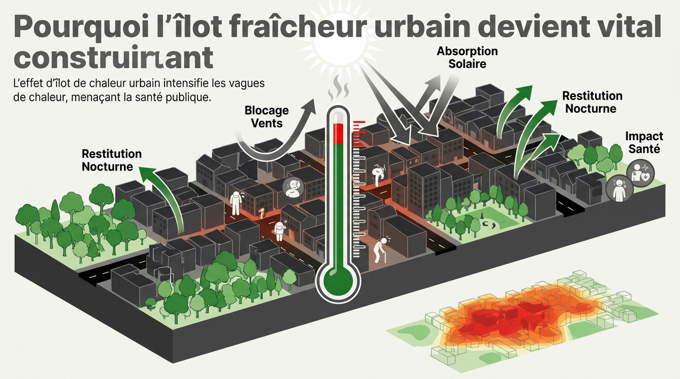 Aménagement d'un îlot de fraîcheur urbain avec végétation et espaces de repos