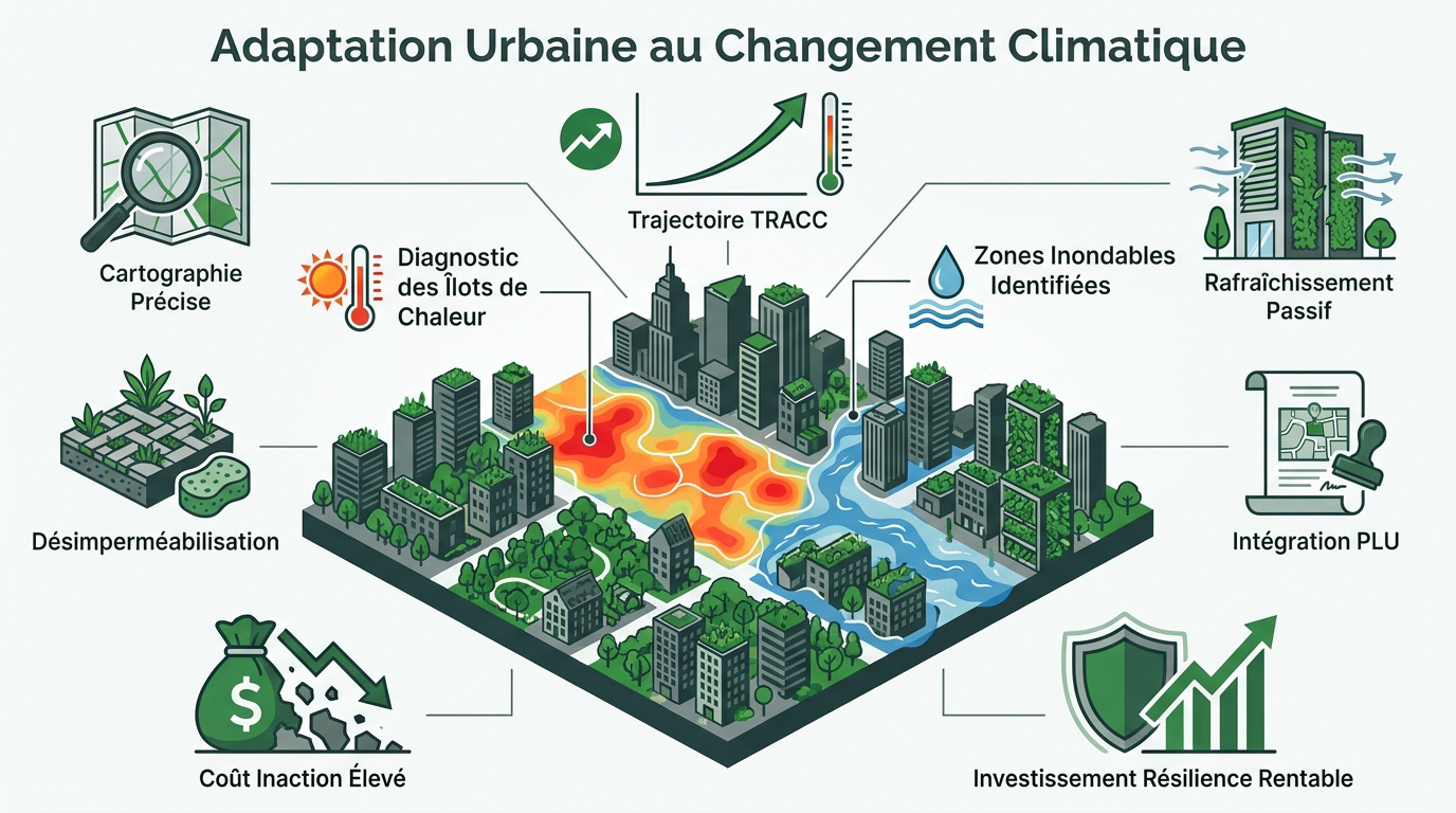 Aménagement urbain durable avec végétation et gestion de l'eau pour l'adaptation climatique