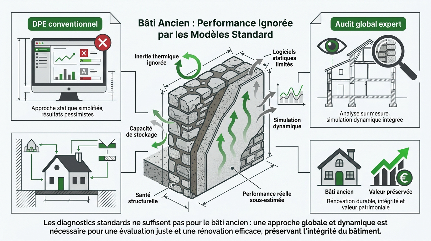 Analyse de la performance thermique d'un bâtiment ancien en pierre montrant l'inertie des parois