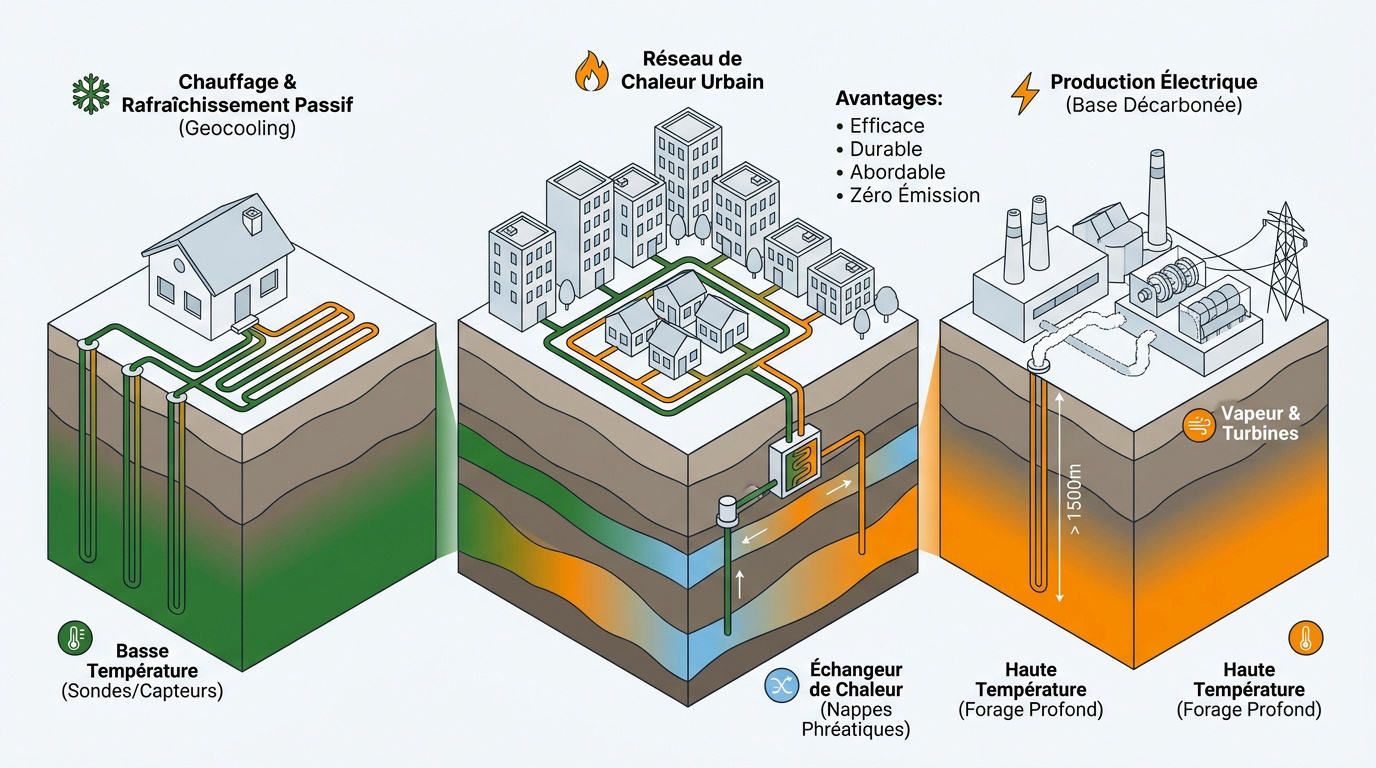 Schéma des différentes techniques d'exploitation de la chaleur du sous-sol pour le chauffage et l'électricité