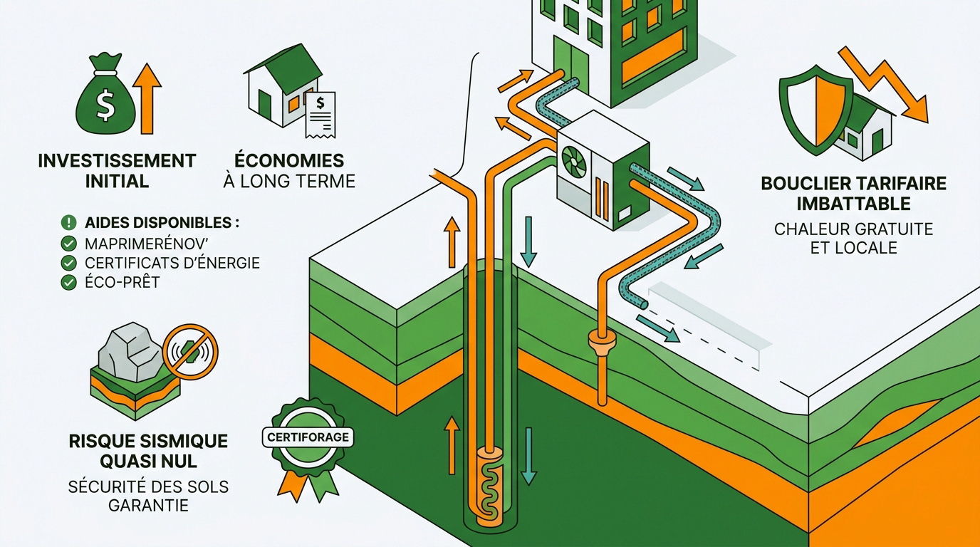 Schéma explicatif du fonctionnement d'un système de géothermie pour le chauffage urbain