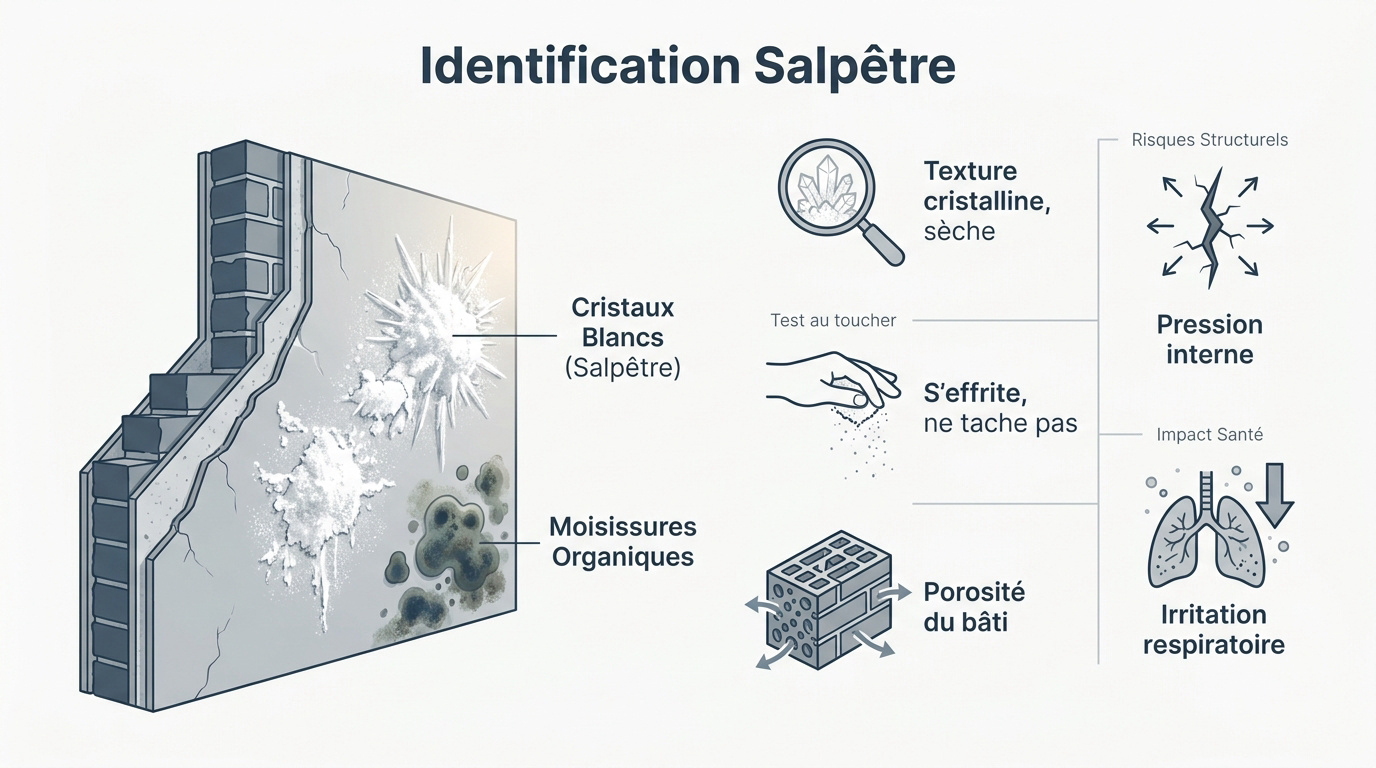 Cristaux de salpêtre blanc sur un mur en briques humide