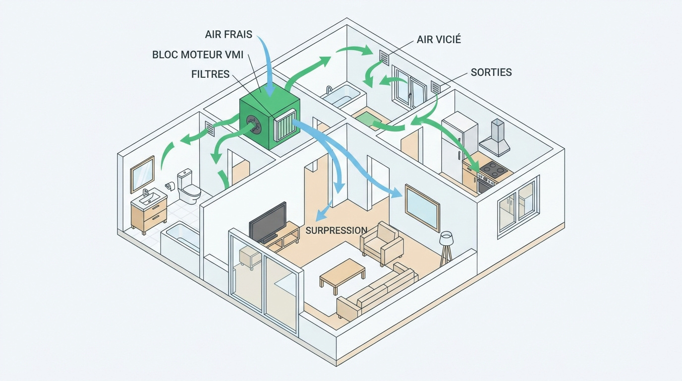 Schéma en coupe d'une maison équipée d'une ventilation mécanique par insufflation montrant la circulation de l'air
