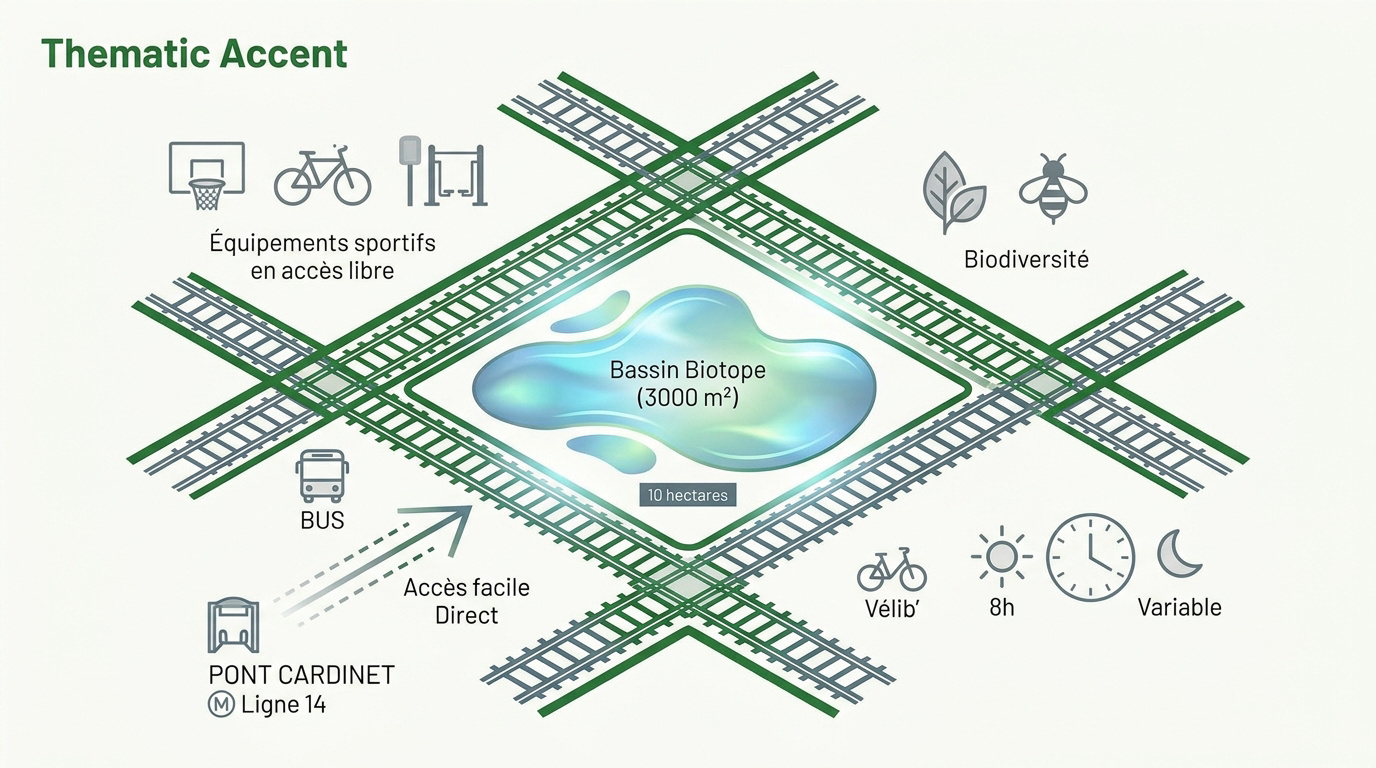 Infographie présentant les aménagements et la gestion durable du parc Martin Luther King à Paris