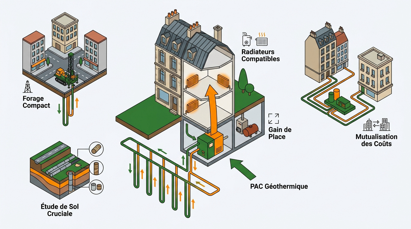Infographie montrant l'intégration de la géothermie dans la rénovation urbaine