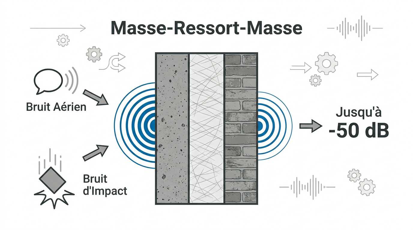 Schéma technique du principe d'isolation phonique masse ressort masse pour les murs