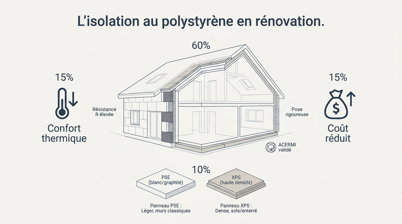 Panneaux d'isolation en polystyrène posés sur la façade d'un bâtiment en rénovation pour améliorer l'efficacité énergétique