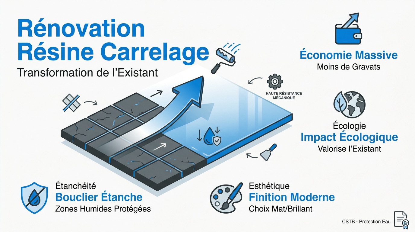 Application d'une résine grise moderne sur un ancien carrelage de sol