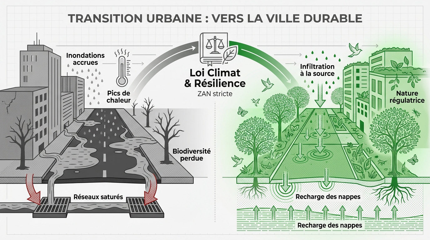 Aménagement urbain durable intégrant végétation et sols perméables pour la gestion des eaux pluviales
