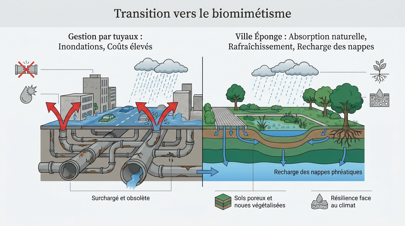 Schéma comparatif entre une ville entonnoir classique et une ville éponge favorisant l'infiltration naturelle de l'eau